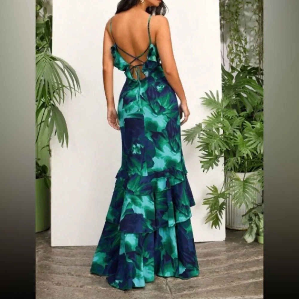 Green Floral Ruffle Mermaid Maxi Dress - Women's